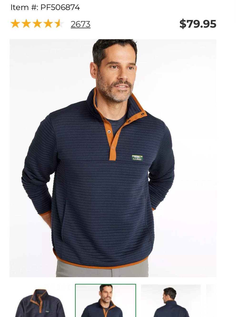 NWT L.L. Bean Airlight Navy Pullover with Brown Contrast Trim